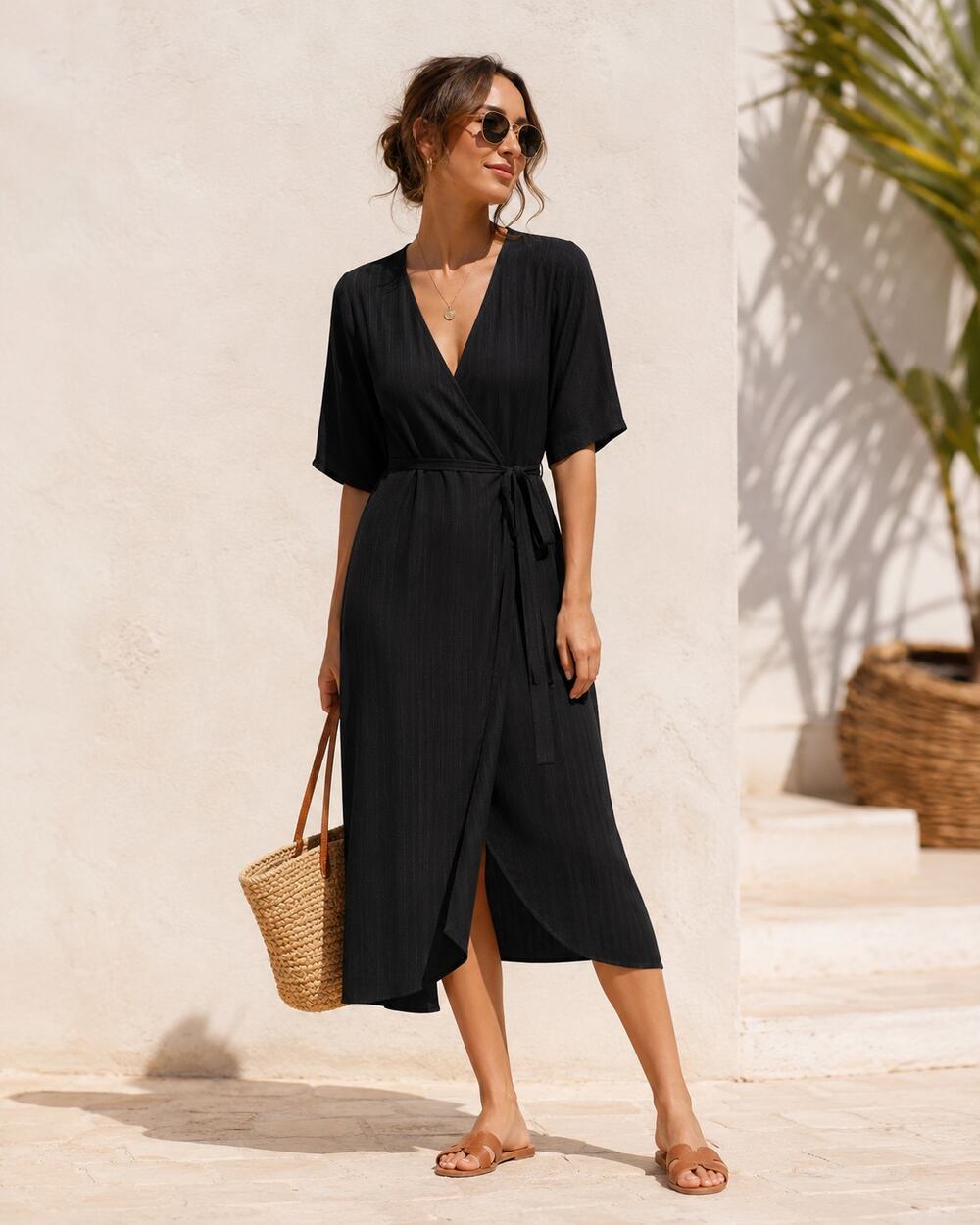 Everlane Black Wrap Midi Dress with Short Sleeves